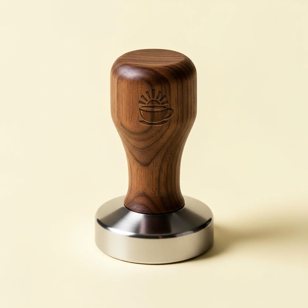 Premium 58mm espresso tamper with polished stainless steel base and walnut wood handle